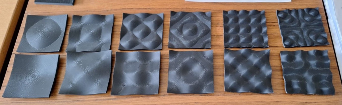 3D printed sheets showing different textures representing the chladni patterns