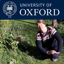 University of Oxford logo over a picture of a lady knelt in a garden