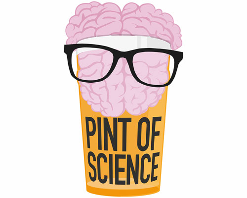 Pint of Science Logo - A cartoon Brain in a Pint Glass wearing glasses